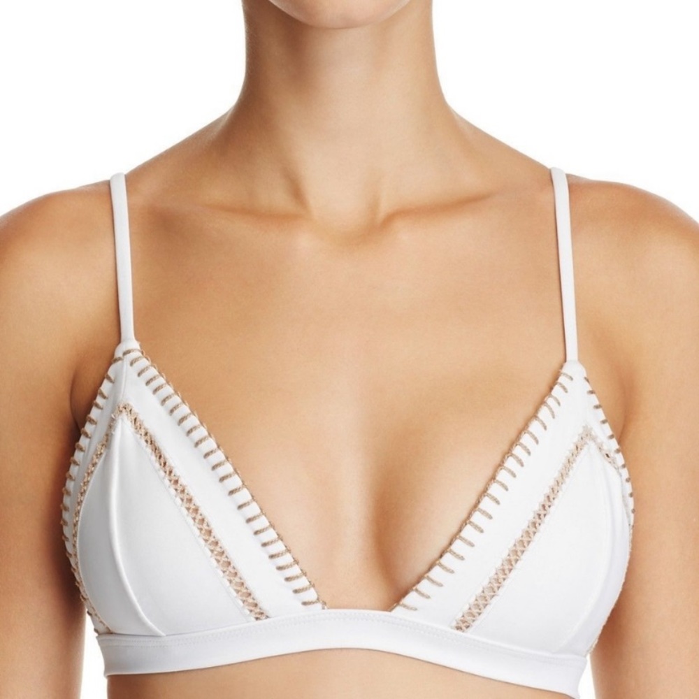 Ellejay white bikini top with tan stitching
